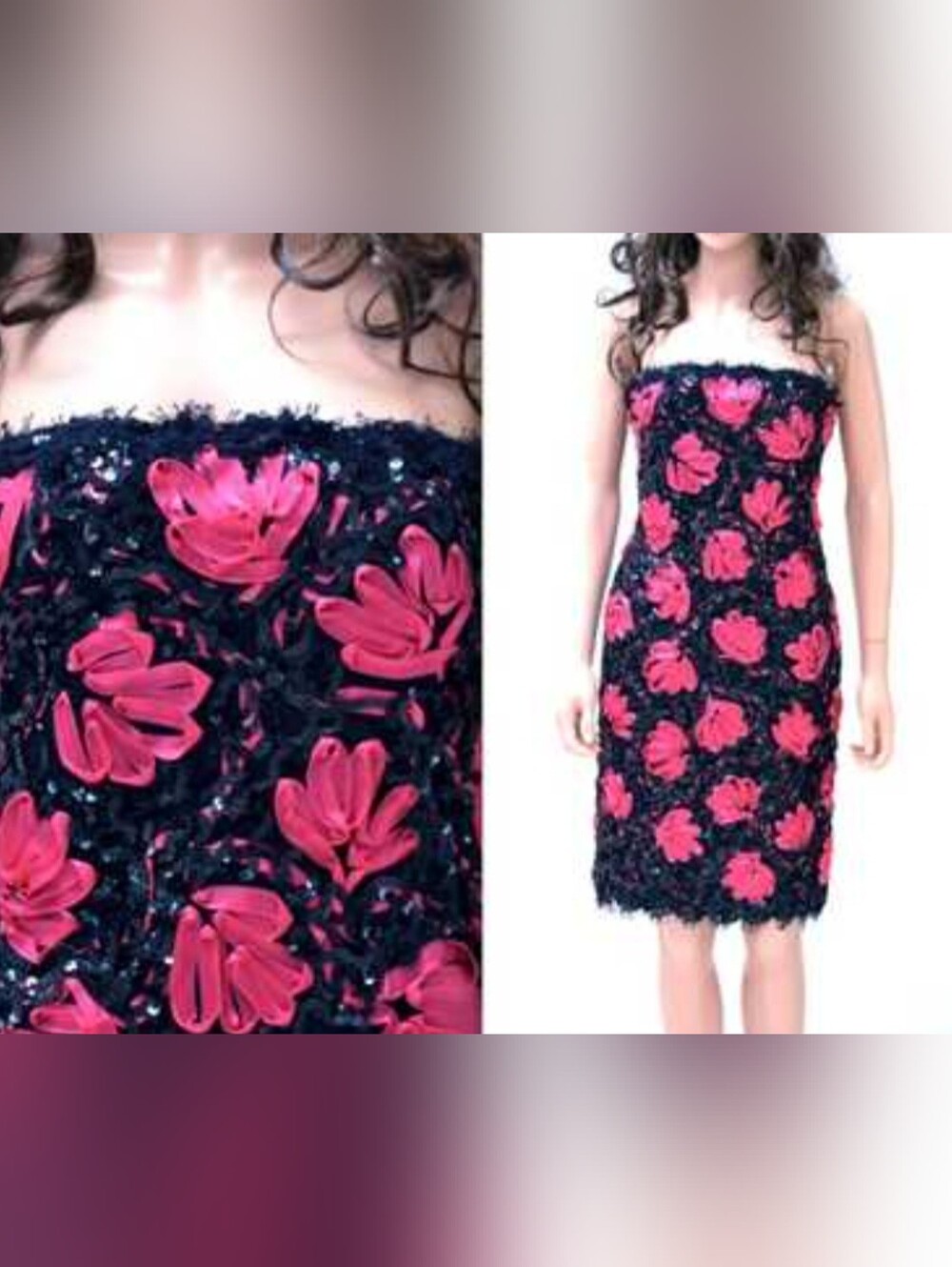 Victor Costa Vintage Black Lace Midi Dress with Hot Pink Floral Appliqués Sz 8